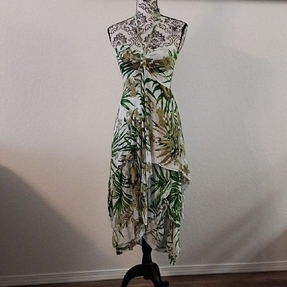 Green and White Asymmetrical Strapless Sundress